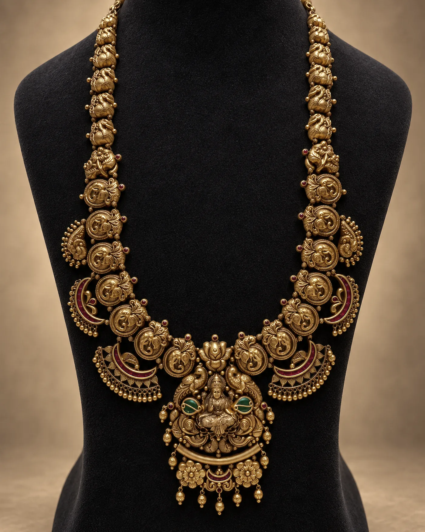 Long antique gold haar of embossed medallions, with red-set crescents at the sides and a seated figure on the pendant, on a black velvet bust
