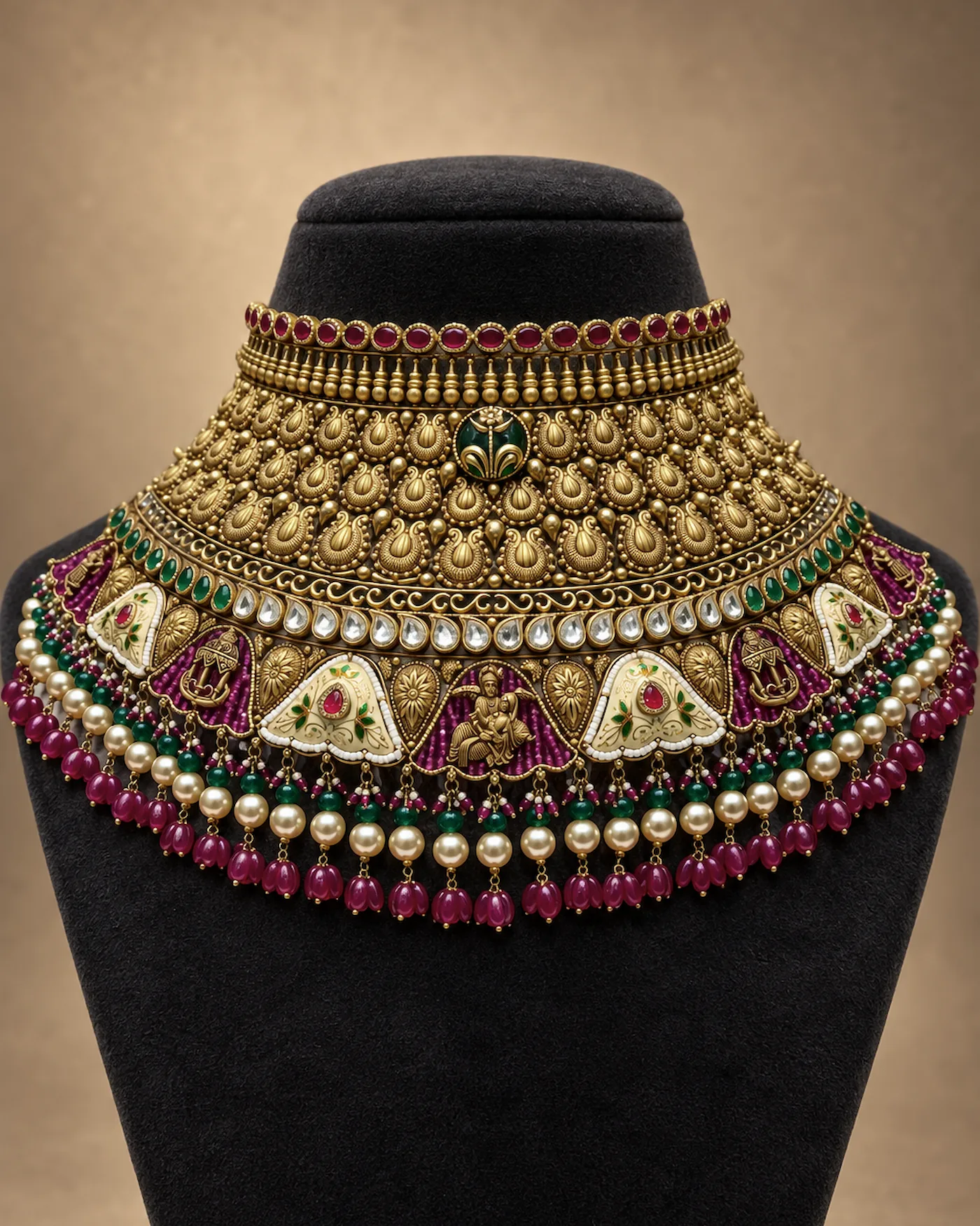Bridal antique gold choker with a row of red stones, a kundan row, cream enamelled panels and a long fringe of red and pearl-finish drops, on a black velvet bust