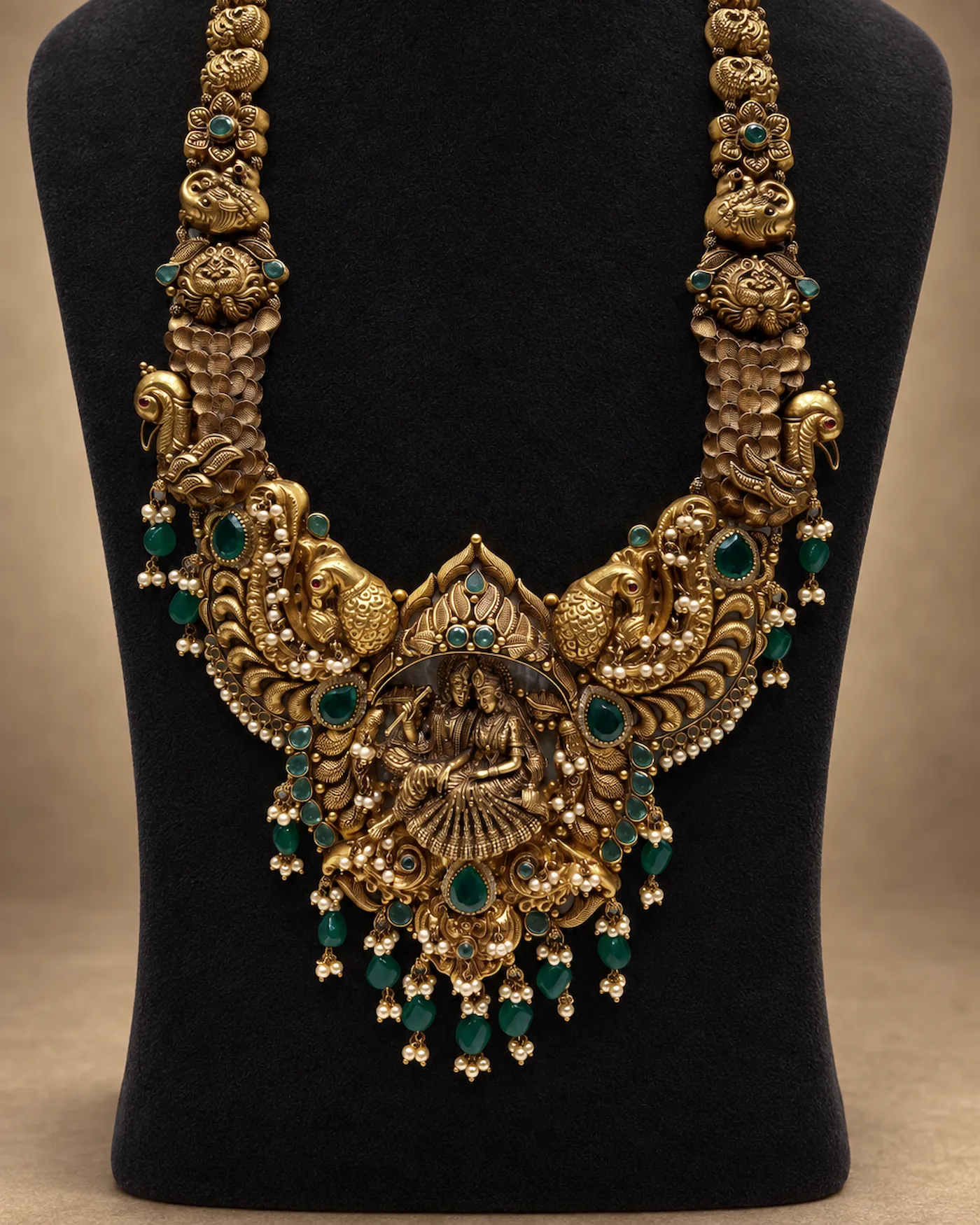 Long antique gold temple haar with a parrot at each shoulder, green stones, and two seated figures at the centre, one holding a flute, on a black velvet bust