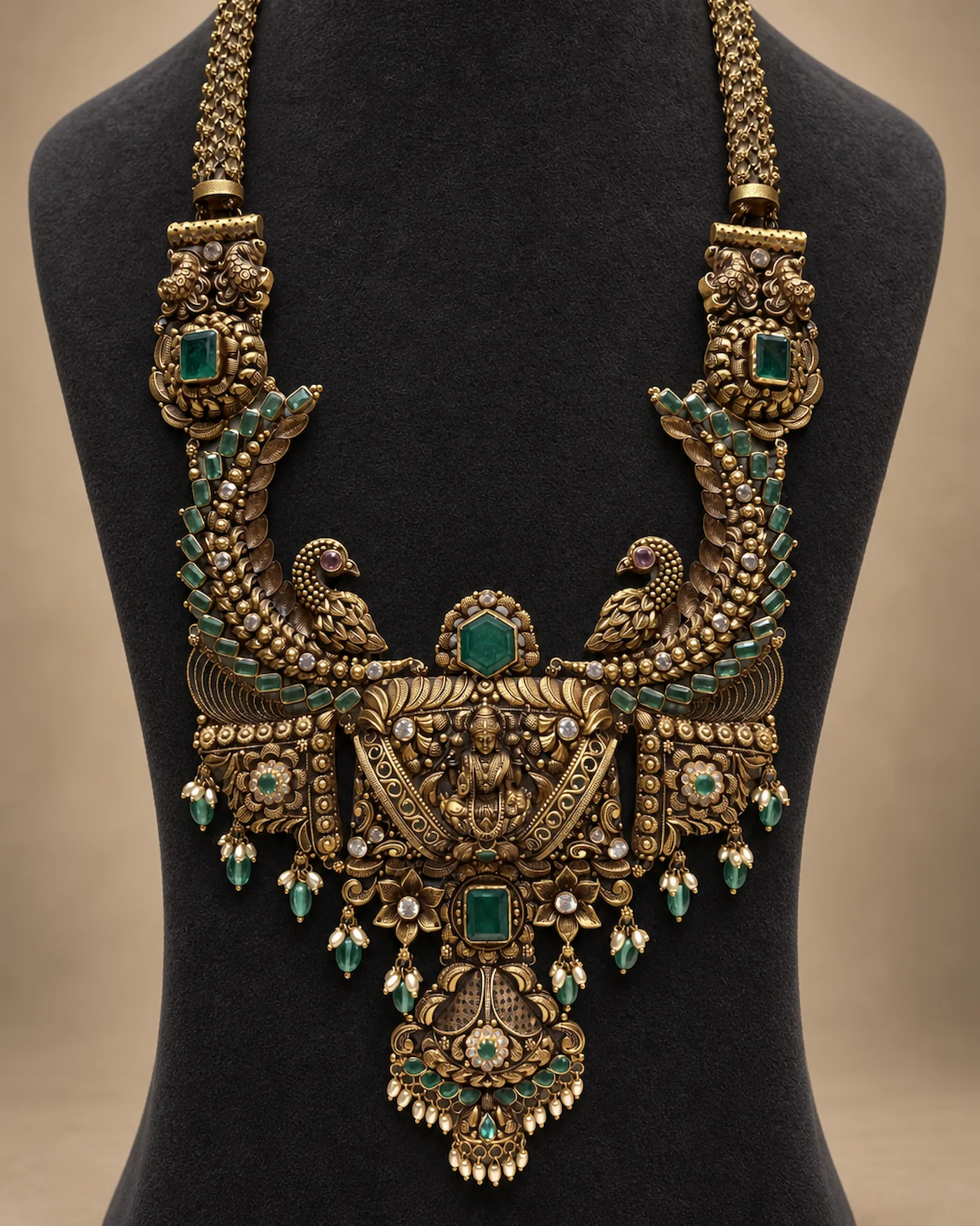 Long antique gold temple haar with two peacocks, rows of green stones and a seated figure at the centre, on a black velvet bust