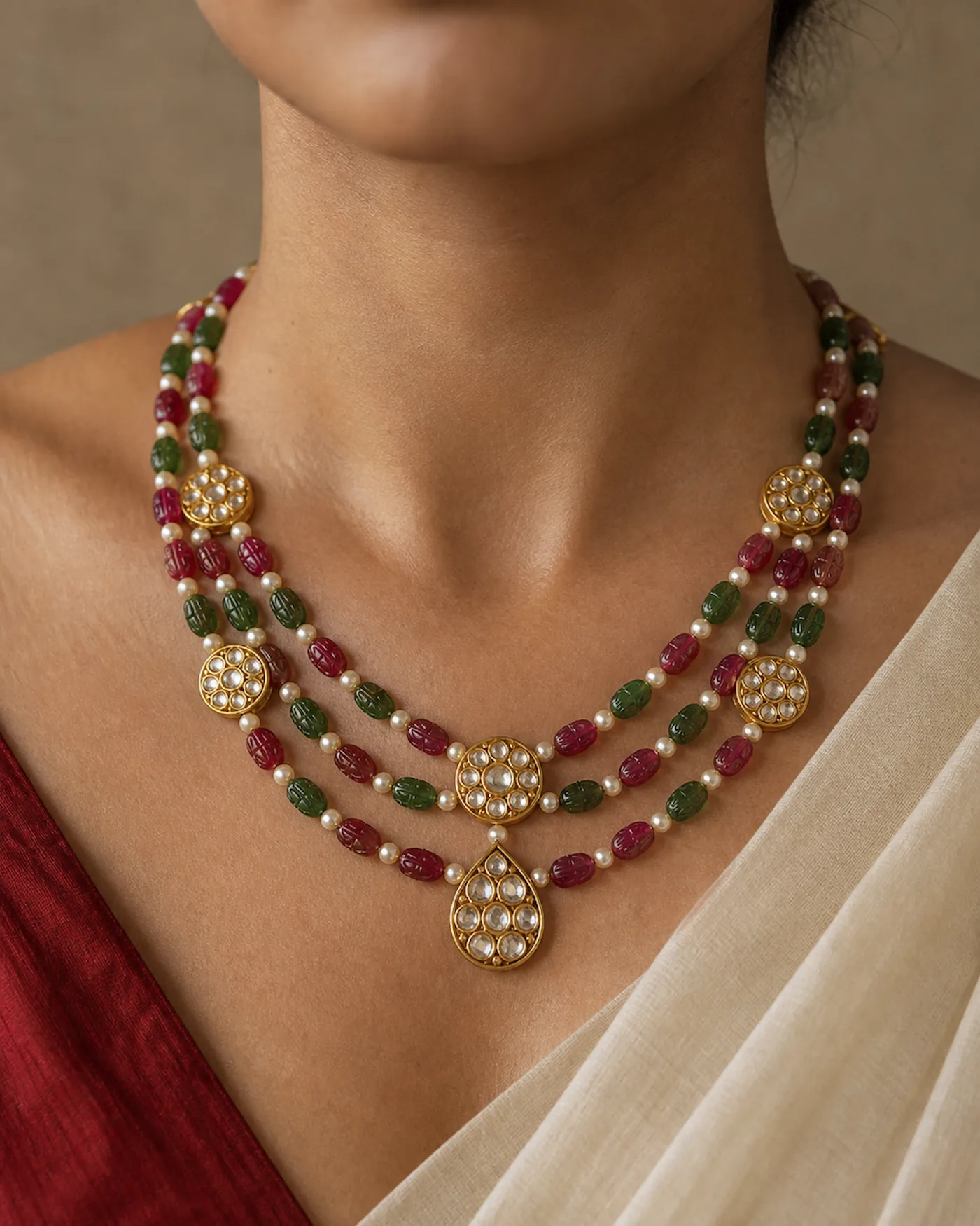 The rani haar worn: three strands falling below the collarbone with the drop at the centre
