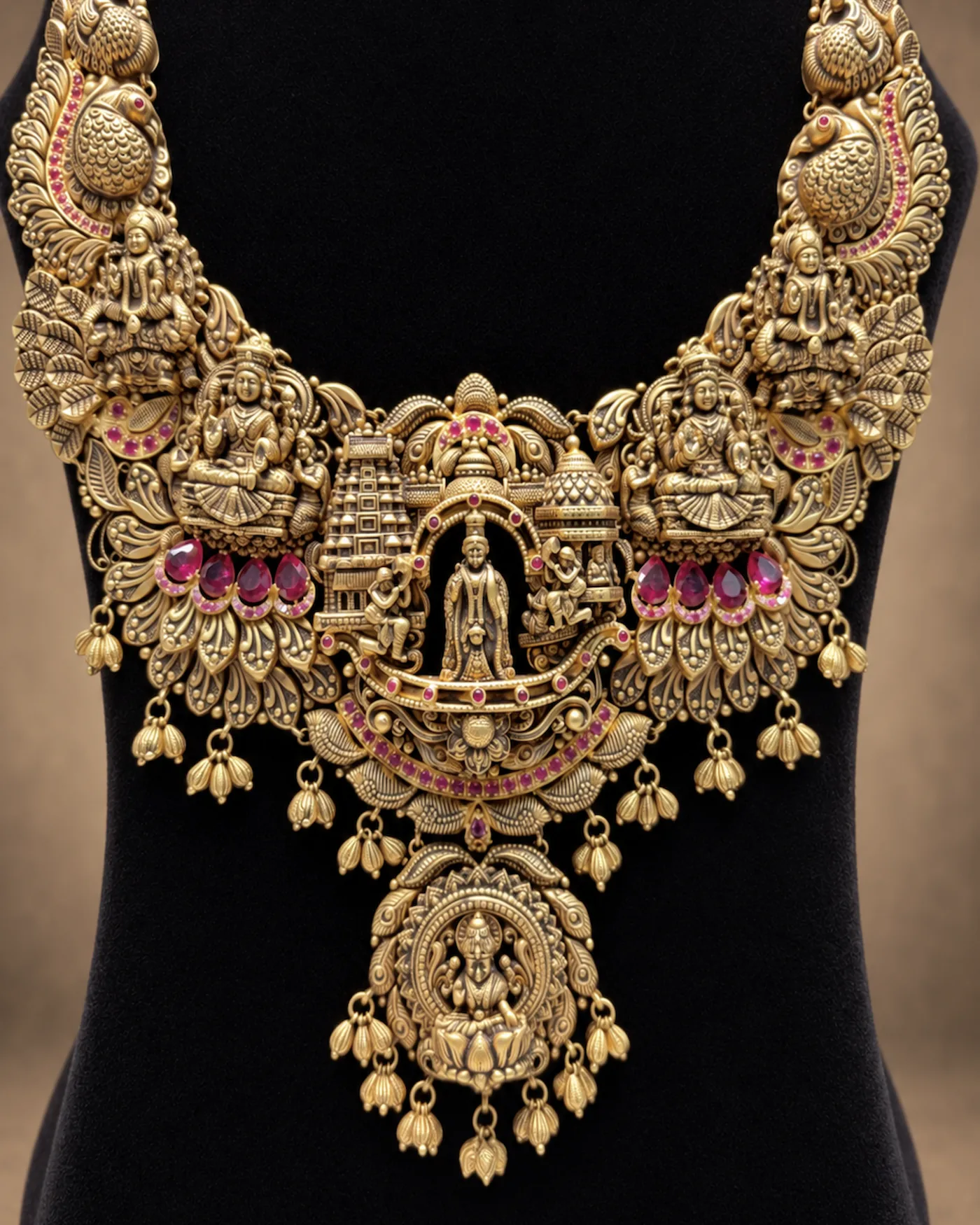 Heavy antique gold temple necklace with a standing figure under an arch, seated figures on either side, red stones and gold bell drops, on a black velvet bust
